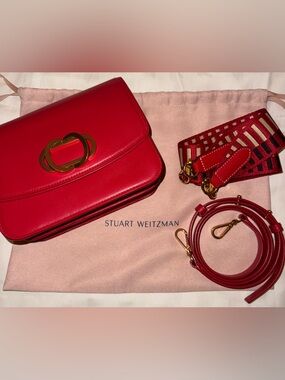 Stuart Weitzman Adelina Vibrant Red Leather Flap Crossbody with Gold Accent
